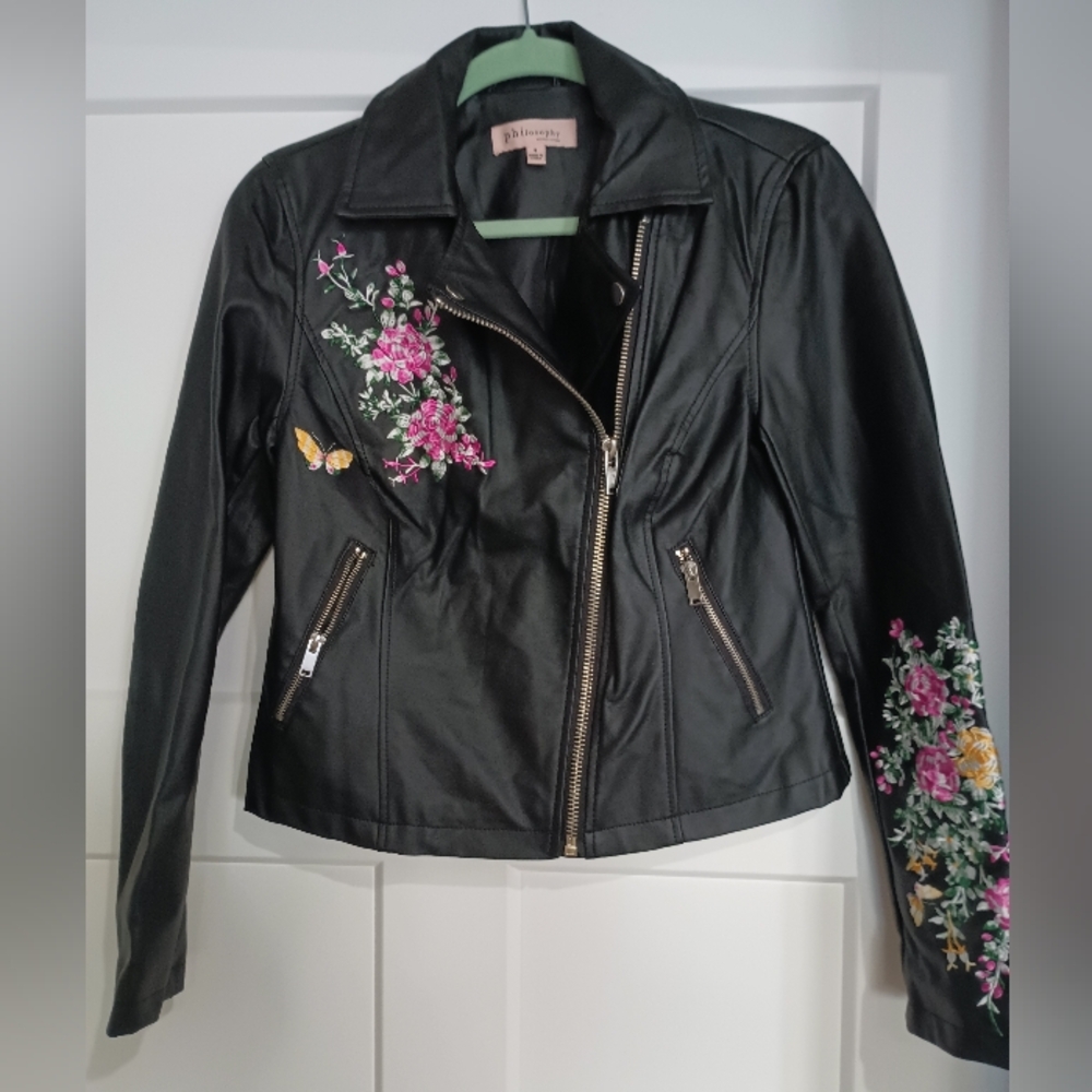 Philosophy Black Vegan Leather Jacket with Floral Embroidery Silver Zippers Sz 4